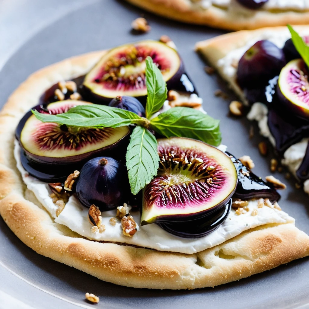 Golden flatbread topped with caramelized figs, creamy goat cheese, and a glossy balsamic glaze.