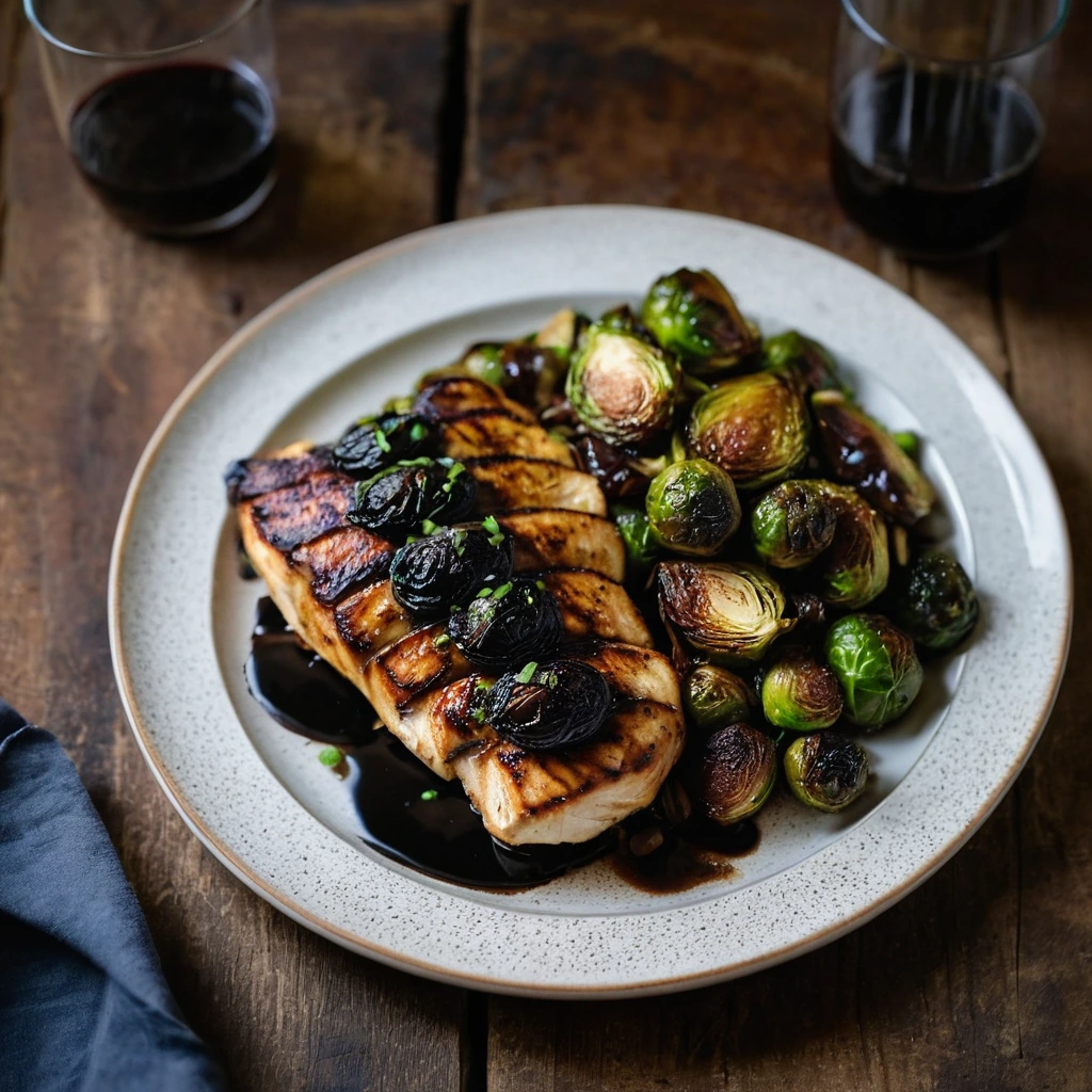 Golden chicken breasts and roasted brussels sprouts glistening with a dark balsamic glaze on a rustic wooden board.