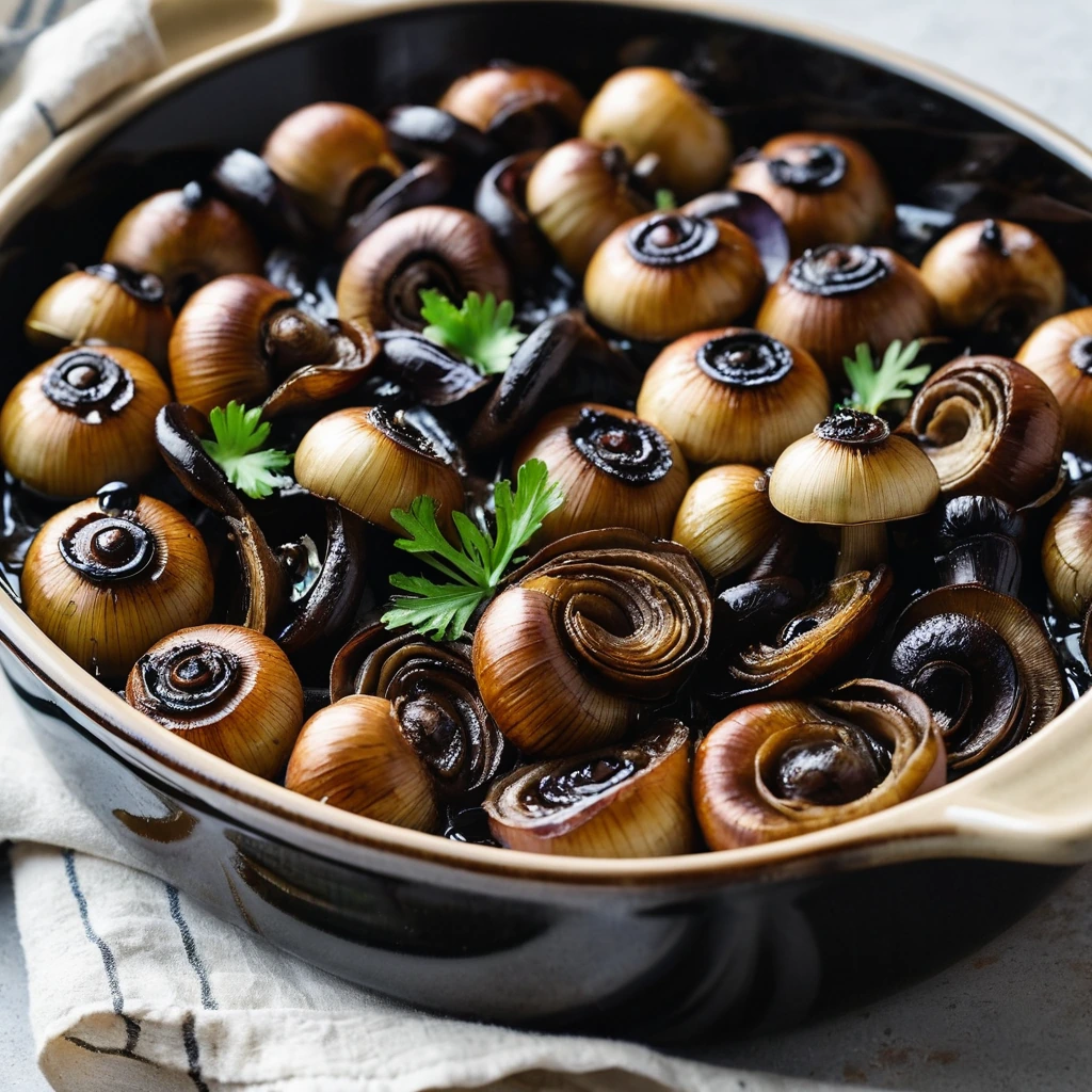 Golden brown mushrooms and deep caramelized onions bubbling in a glossy balsamic glaze in a baking dish.
