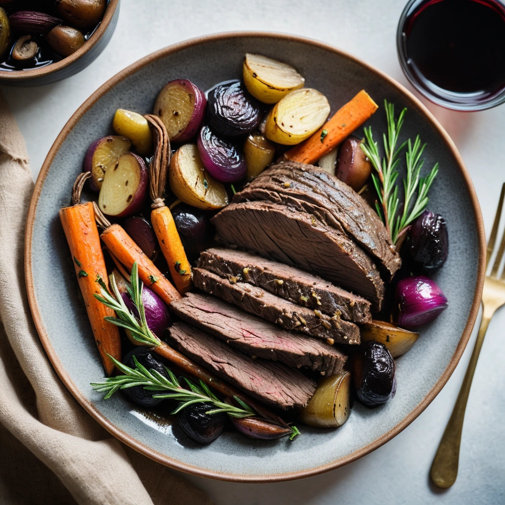 Pot roast with golden brown beef and colorful roasted root vegetables, garnished with fresh rosemary sprigs.