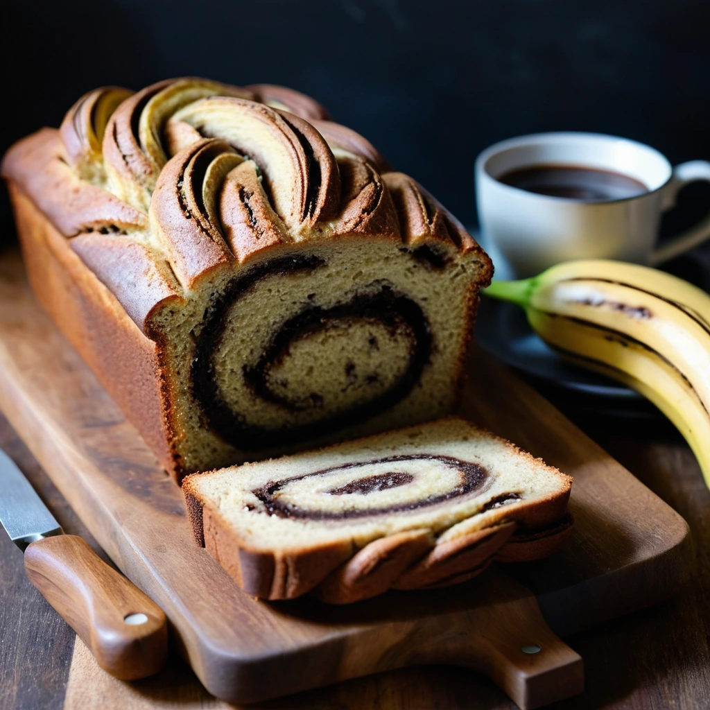 A loaf of golden banana bread with dark chocolate swirls sliced and served on a rustic wooden board.