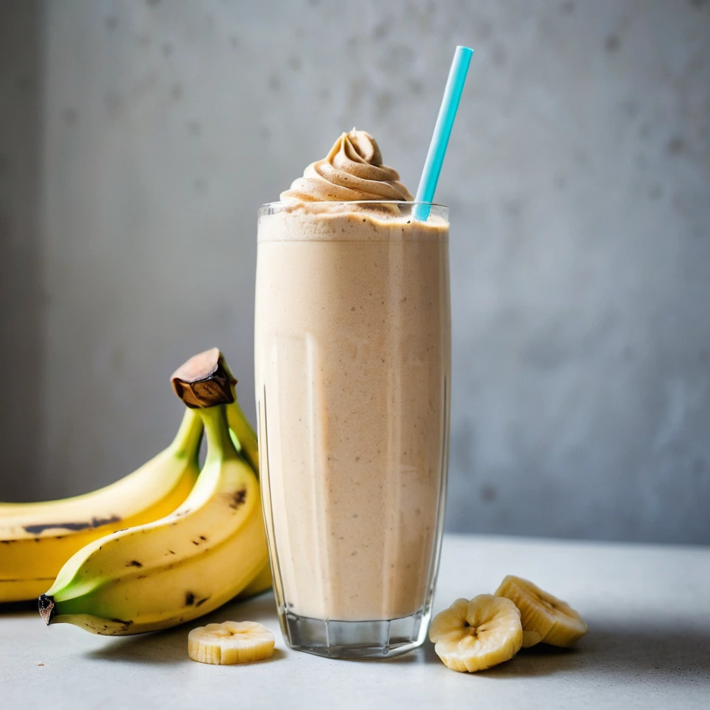 A tall glass filled with a creamy, tan-colored shake topped with banana slices.