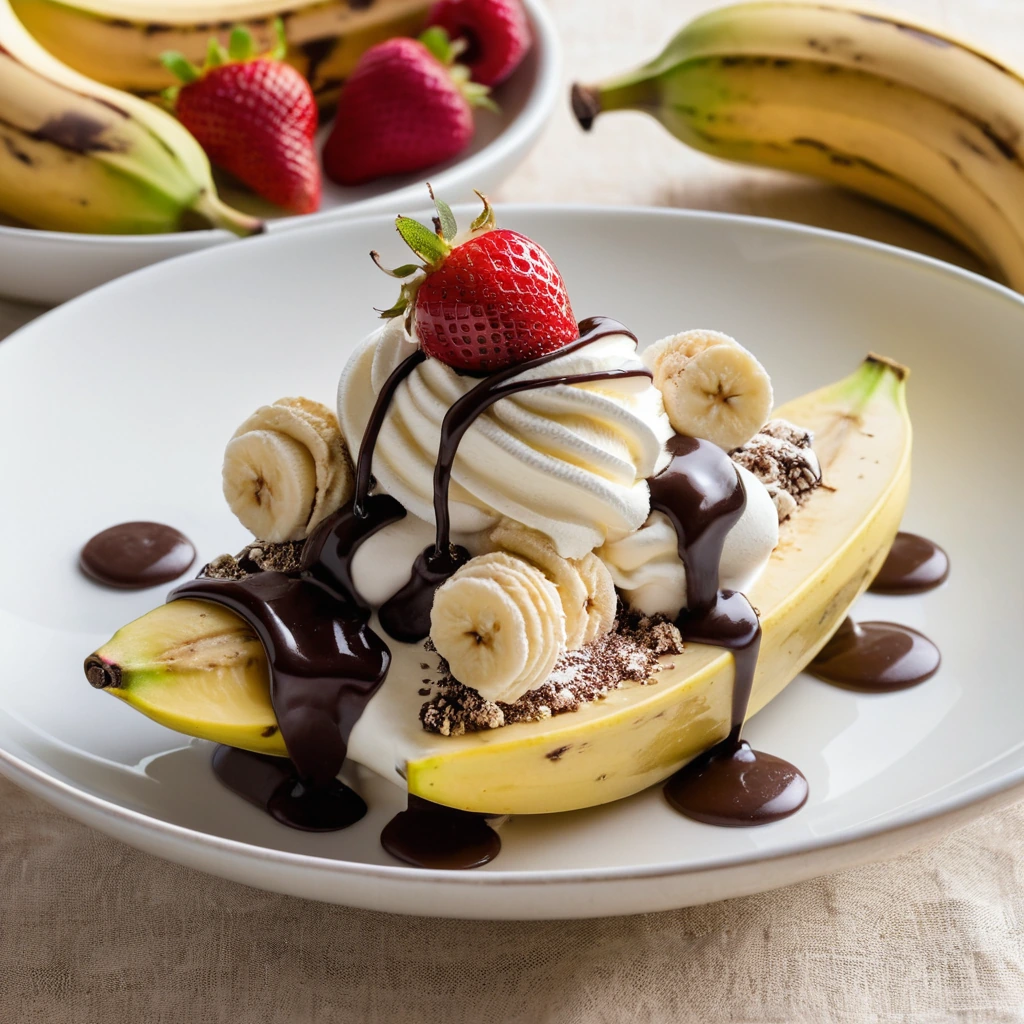 A banana sliced lengthwise in a bowl with scoops of vanilla and chocolate ice cream, drizzled with chocolate and strawberry sauce, topped with whipped cream and a cherry.