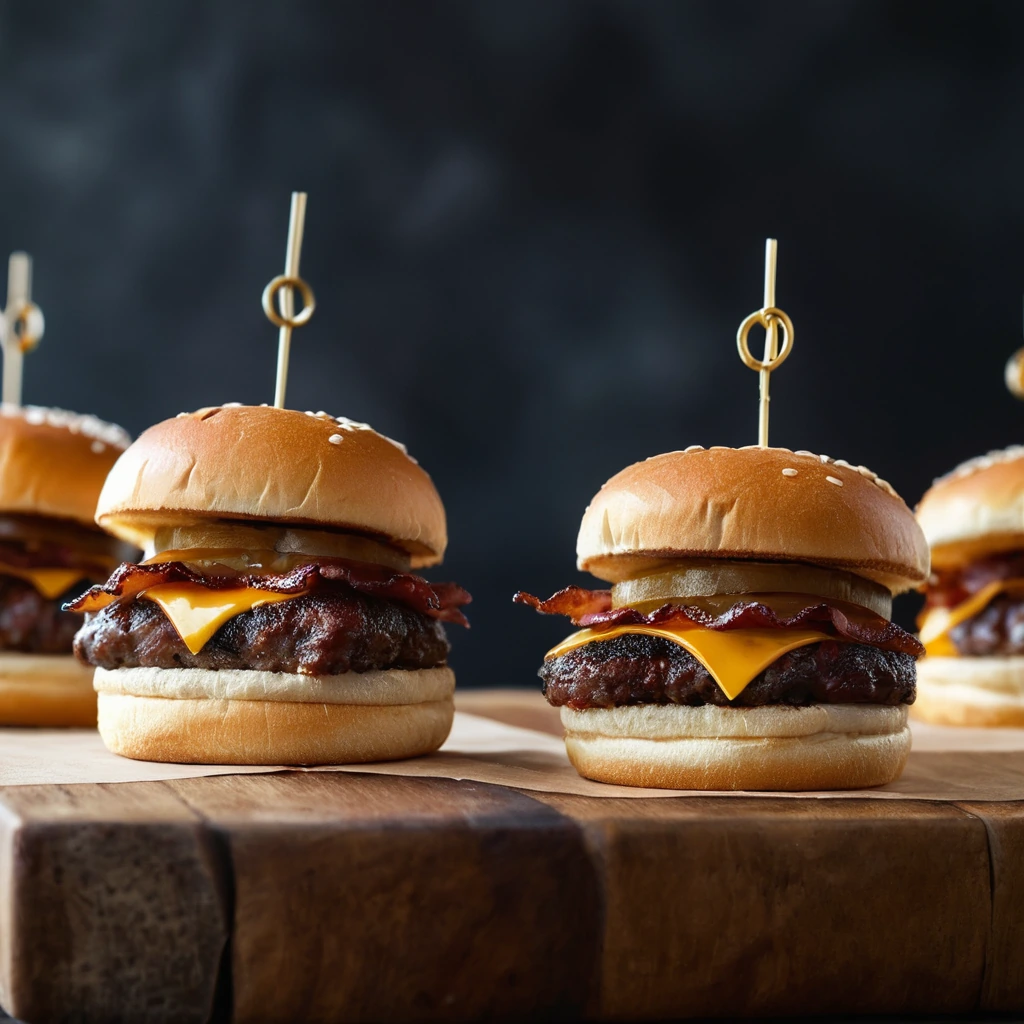 Golden slider buns filled with juicy beef patties, melted cheddar, and crispy bacon drizzled with BBQ sauce.