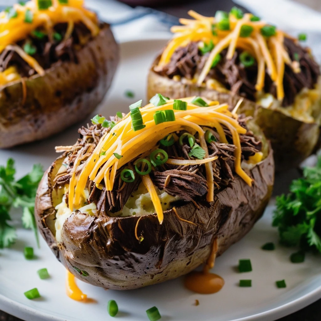 Four golden baked potatoes stuffed with shredded BBQ brisket, melted cheddar, and green onions.