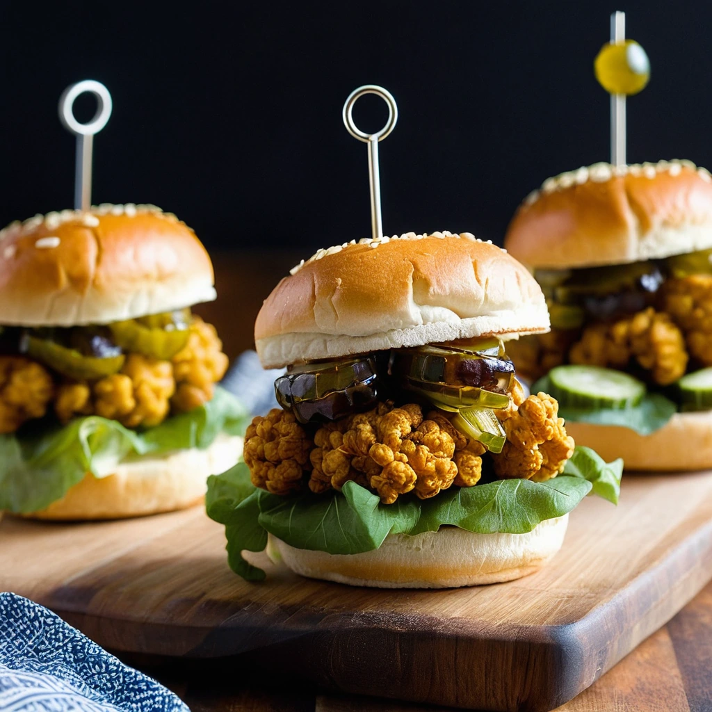 Golden cauliflower florets on slider buns with pickles and BBQ sauce.