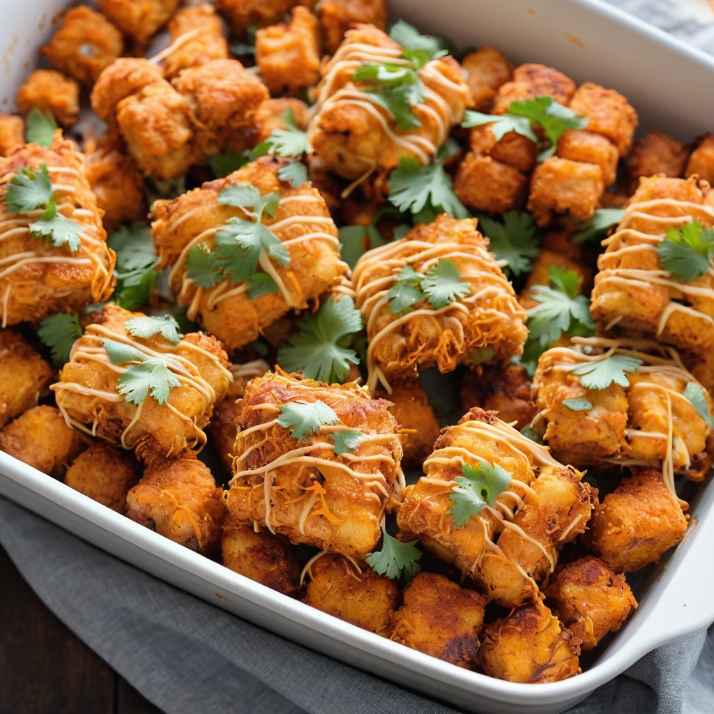 Golden tater tots topped with shredded chicken and melted cheese in a baking dish