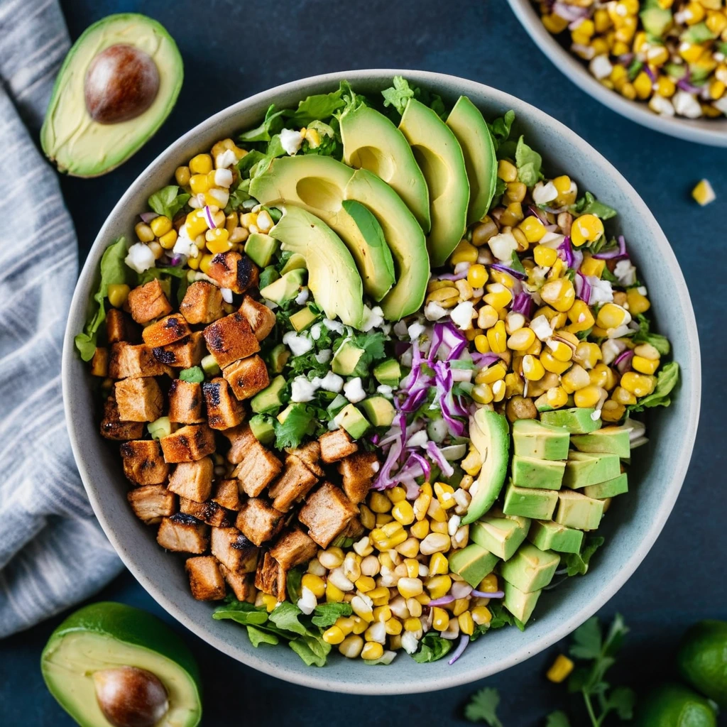 A colorful bowl of chopped salad with diced BBQ chicken, golden corn, avocado chunks, and a sprinkle of fresh cilantro.