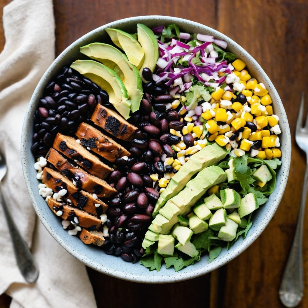 Colorful bowl of chopped salad with grilled chicken, black beans, corn, and avocado drizzled with BBQ sauce.