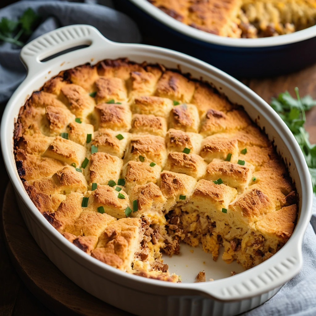 Golden cornbread crumbled over BBQ chicken in a casserole dish, topped with melted cheddar cheese, served warm in a baking dish.