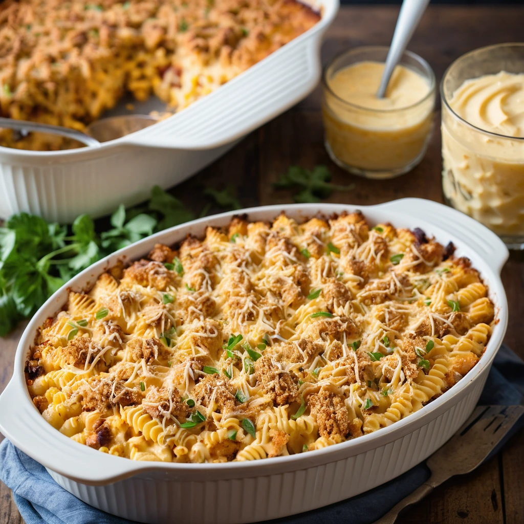 A bubbling casserole in a baking dish with golden cornbread topping, orange cheese sauce, and shredded chicken visible.