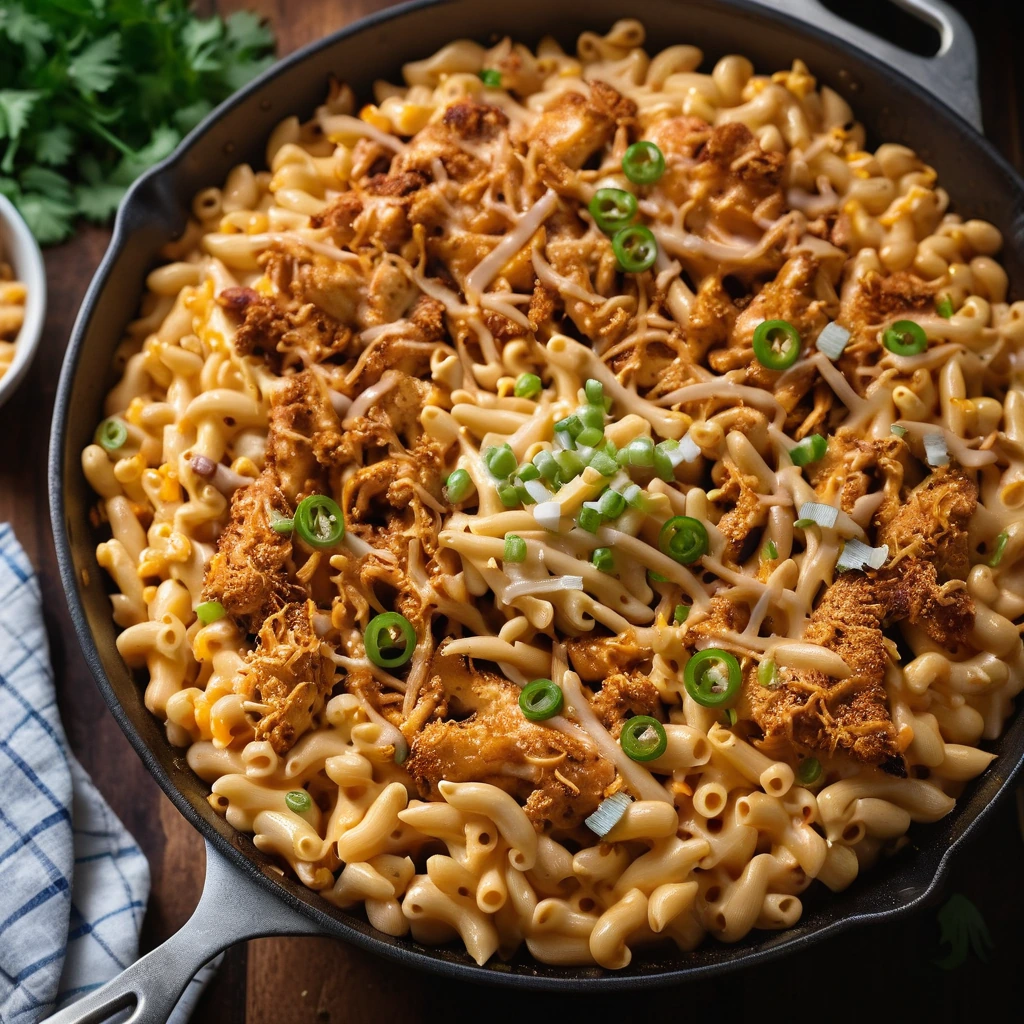 Golden macaroni and cheese with shredded BBQ chicken in a skillet, topped with melted cheddar and green onions.