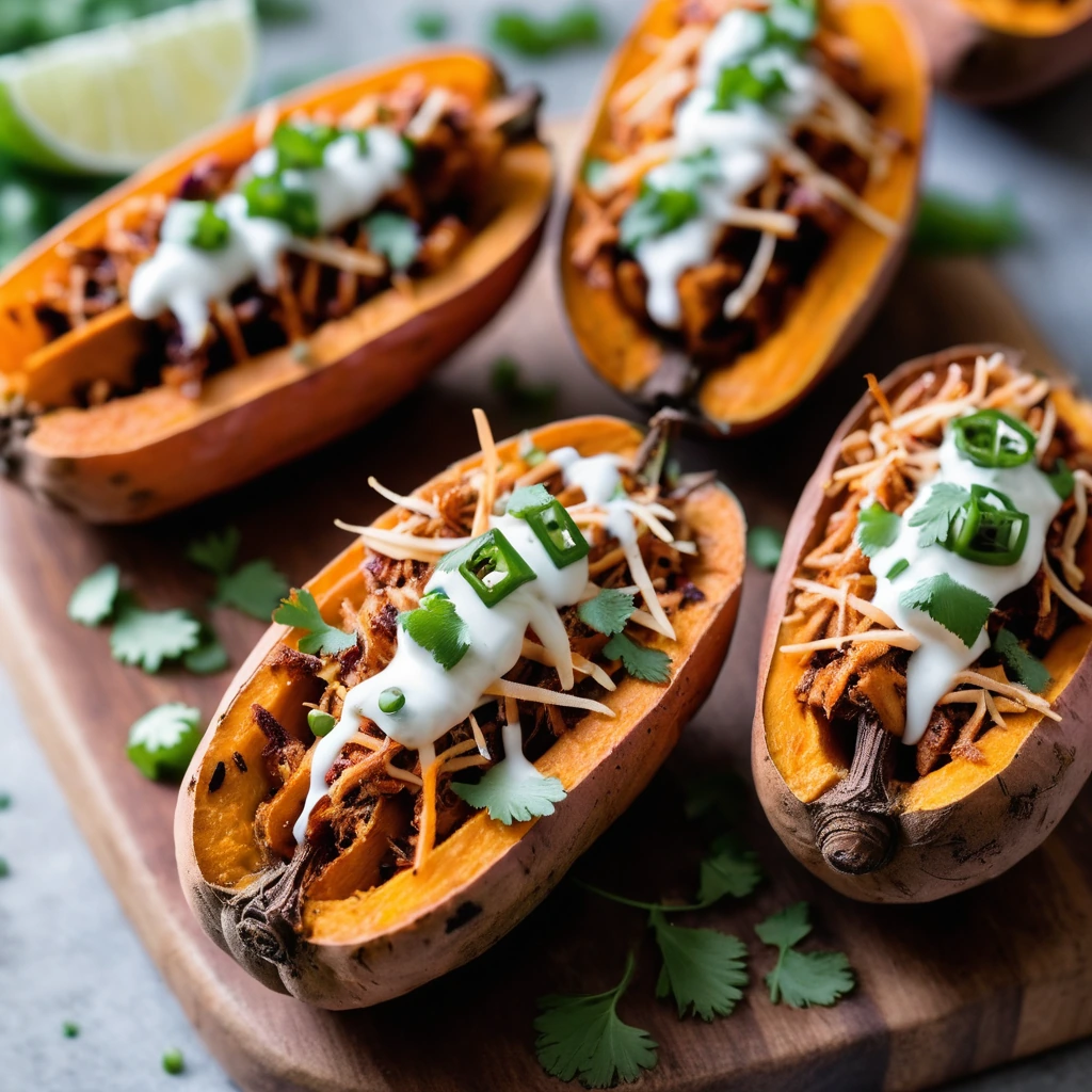 Four halved sweet potatoes with crispy edges, filled with shredded BBQ chicken, melted cheese, and cilantro.