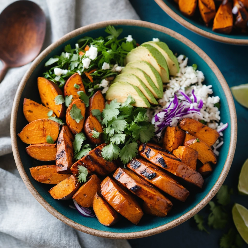Colorful bowl with golden roasted sweet potatoes, BBQ glazed chicken, and fresh cilantro.