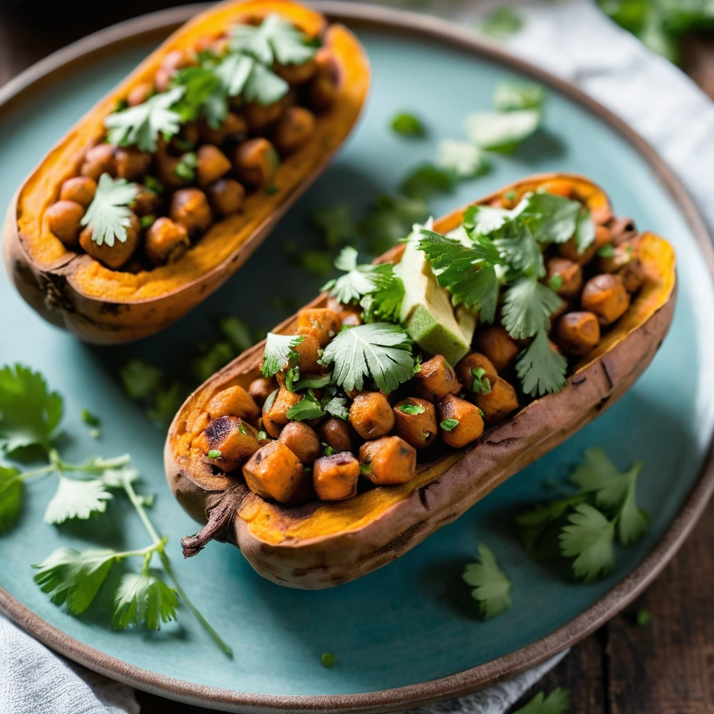 Four halved sweet potatoes filled with BBQ chickpeas, topped with diced avocado and fresh cilantro on a rustic wooden board.