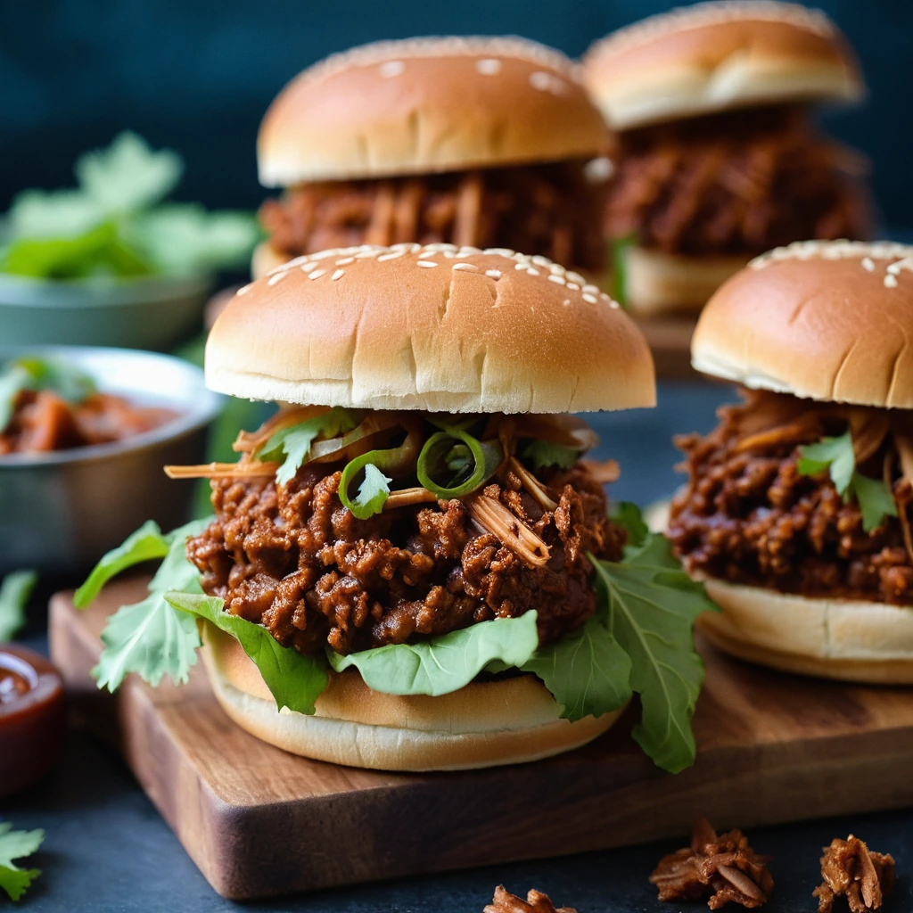 Golden slider buns filled with shredded jackfruit in a glossy BBQ sauce, garnished with green cilantro leaves.