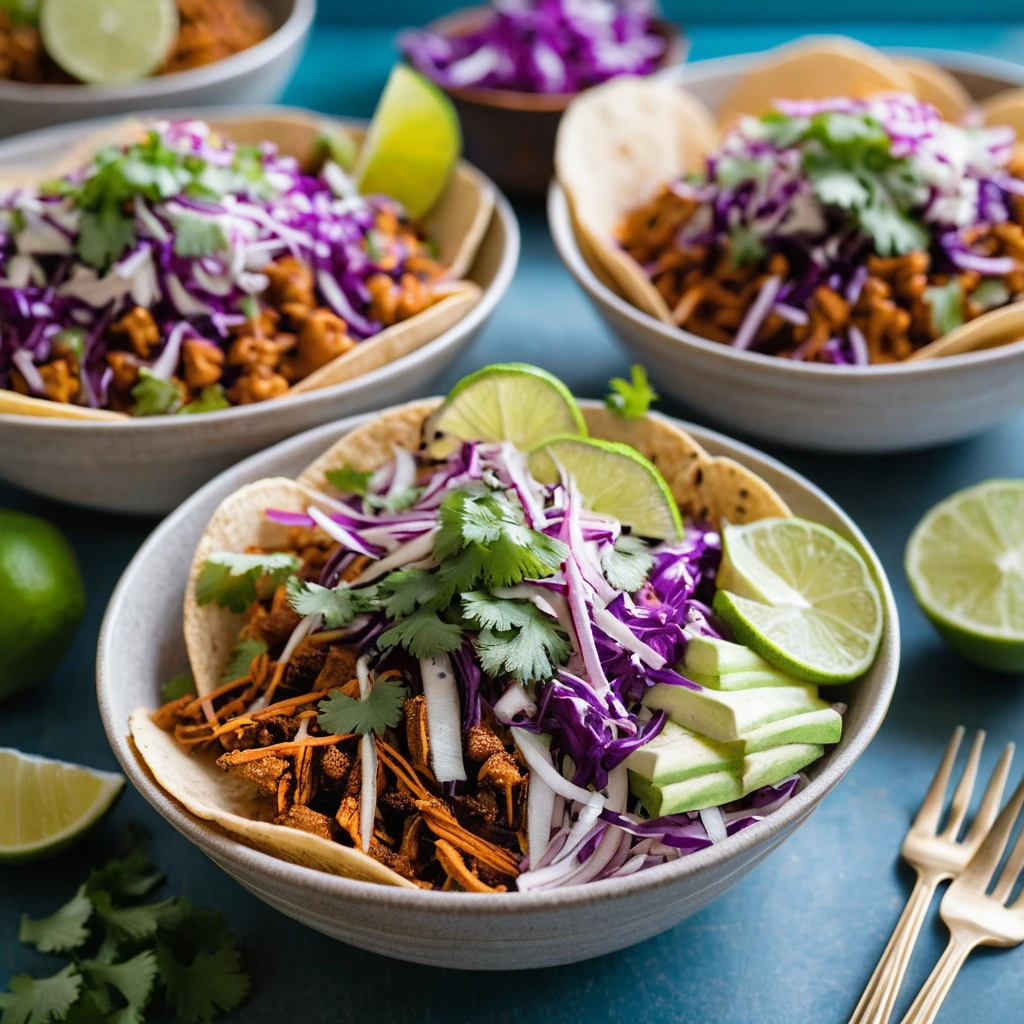 Colorful taco bowls with shredded BBQ jackfruit and a bright purple slaw, garnished with fresh cilantro.