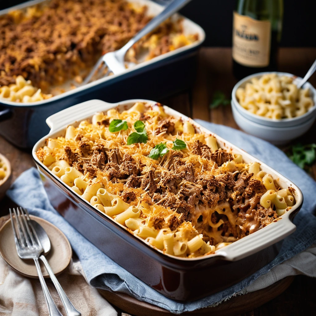 Baked casserole in a rectangular dish, orange cheese topping bubbly and golden, flecks of crispy breadcrumbs, and a smoky pulled pork peeking through.
