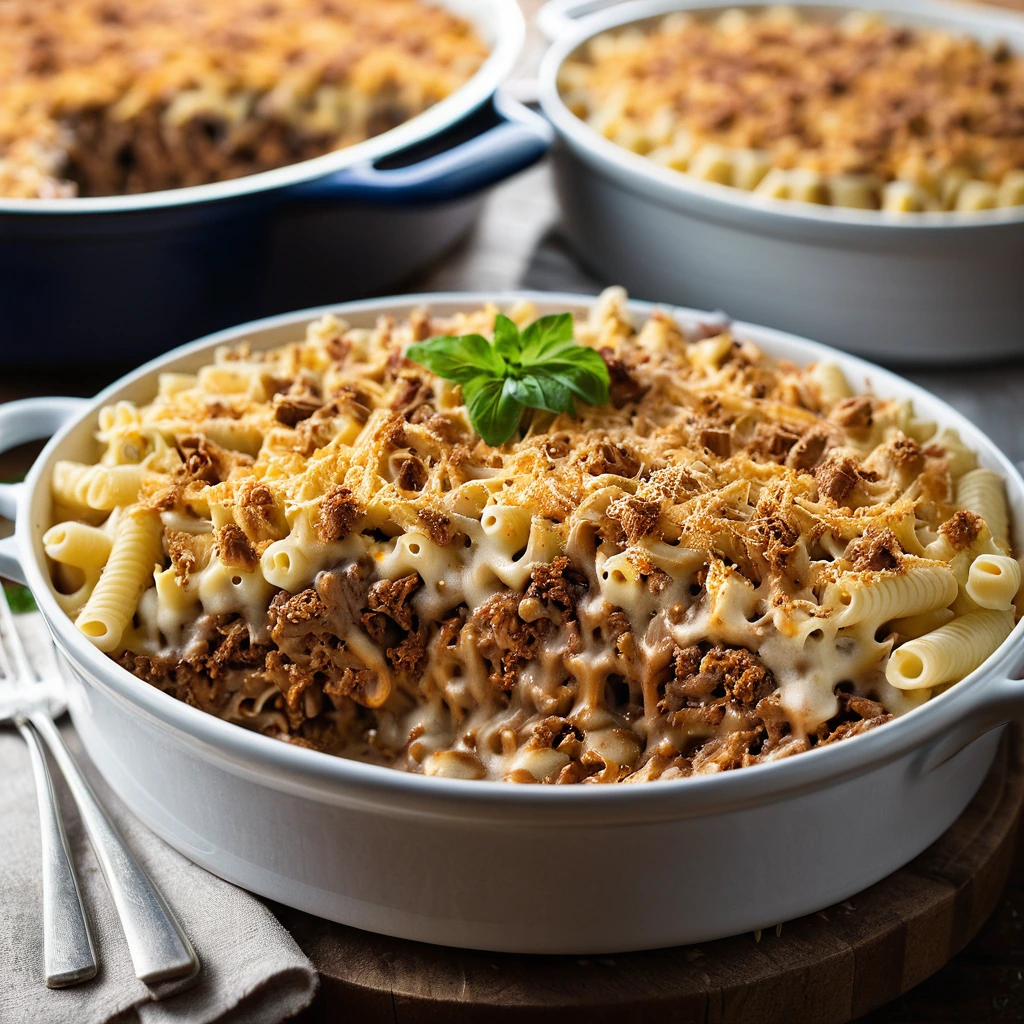A bubbling casserole dish filled with layers of macaroni and cheese topped with shredded pulled pork and a sprinkle of breadcrumbs.