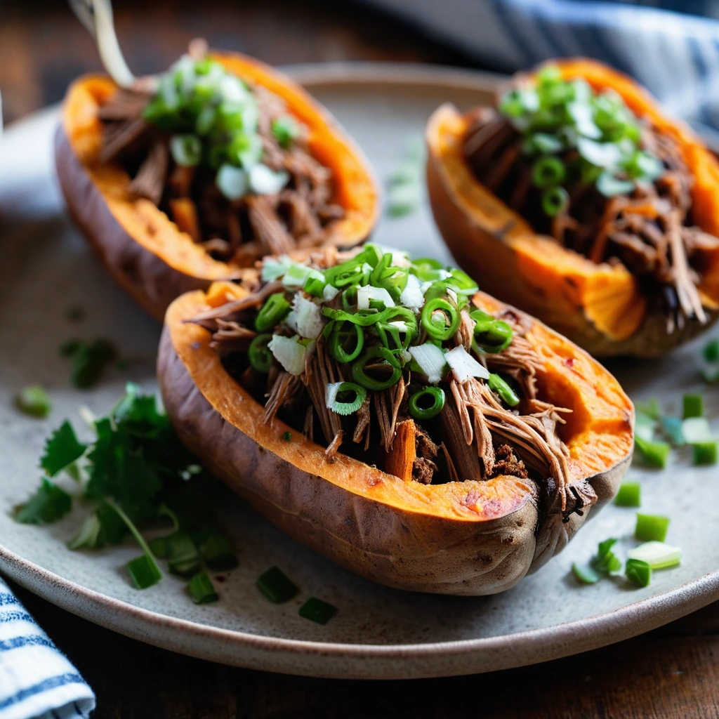 Split open roasted sweet potatoes filled with shredded pork and BBQ sauce, topped with green onions on a rustic plate