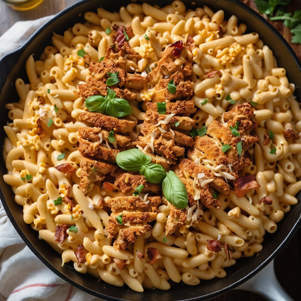 A golden skillet overflowing with bubbly, orange-hued mac and cheese topped with shredded chicken and crispy bacon.