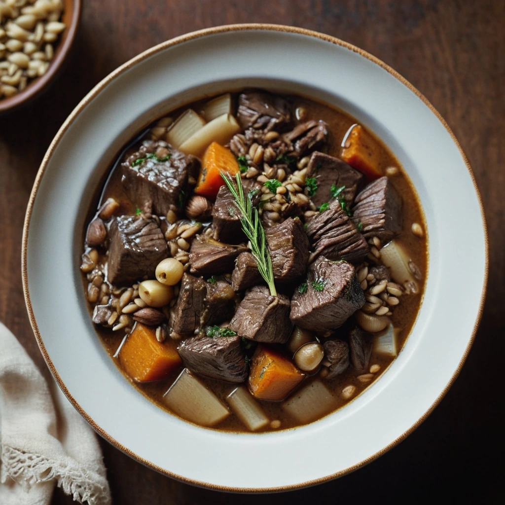 Bowl of rich brown beef stew with golden barley and caramelized garlic cloves
