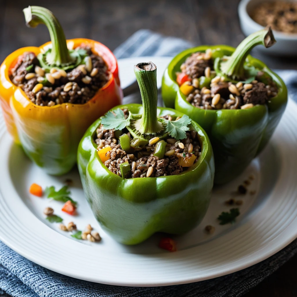 Four vibrant orange and green bell peppers halved and stuffed with a rich brown beef and barley mixture, topped with melted cheese.