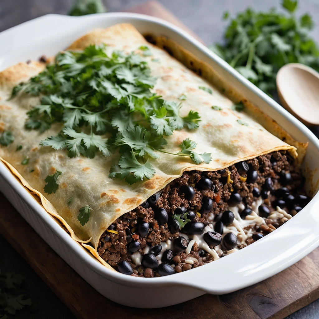 A golden-brown casserole with layers of tortillas, beef, beans, and melted cheese, sprinkled with fresh cilantro.