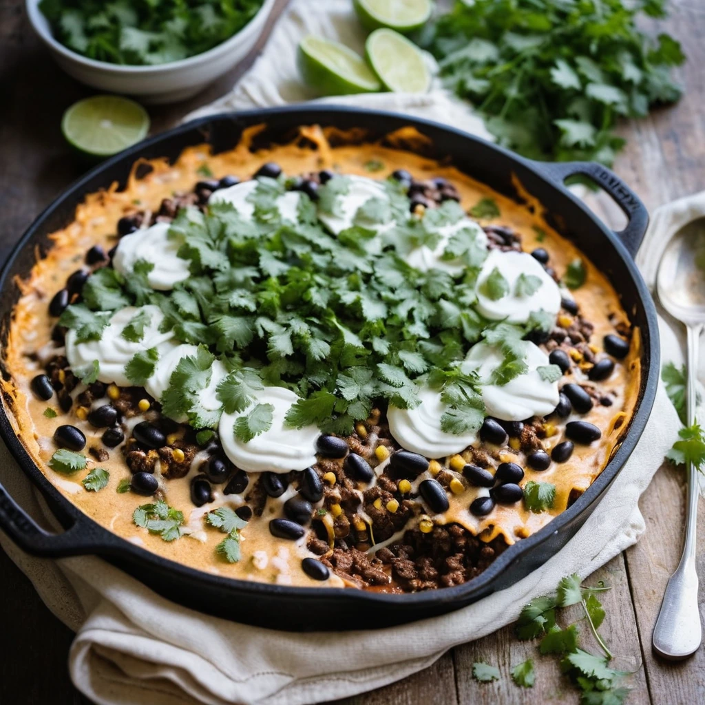 Golden skillet with layers of beef, beans, and melted cheese topped with fresh cilantro