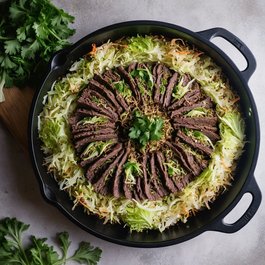 Golden skillet with layers of shredded cabbage and browned beef topped with a sprinkle of fresh parsley.
