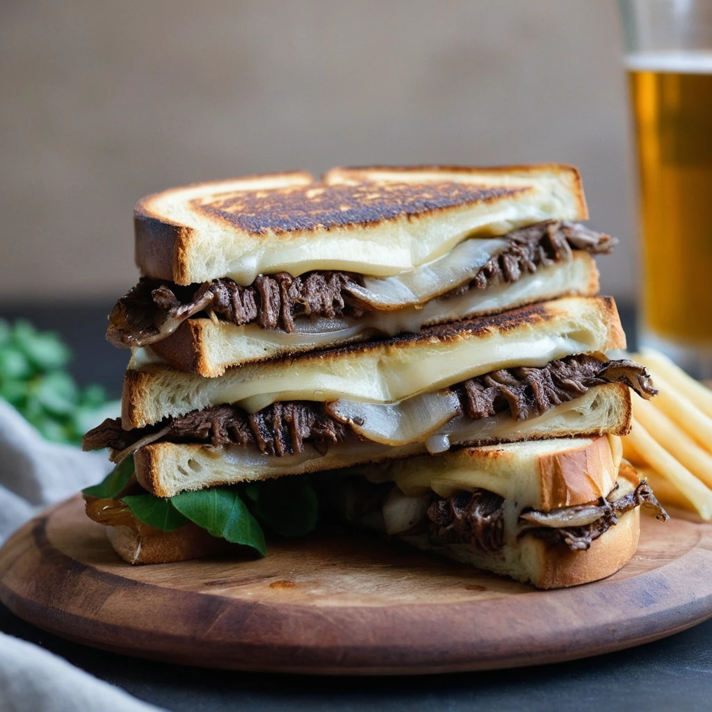 Golden brown grilled cheese sandwich with melted cheddar and caramelized onions peeking out