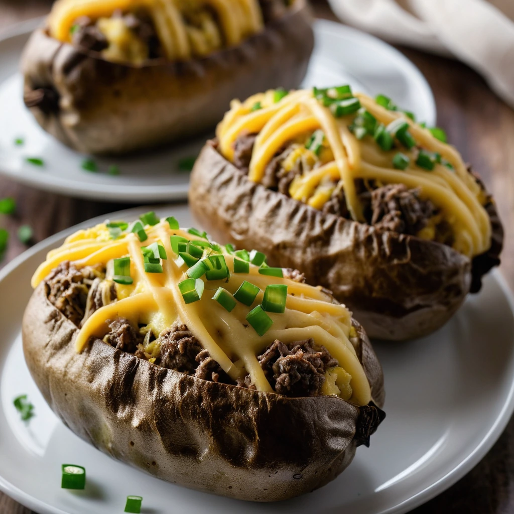 Four golden baked potatoes split open, stuffed with a rich beef and melted cheddar mixture, topped with green onions.