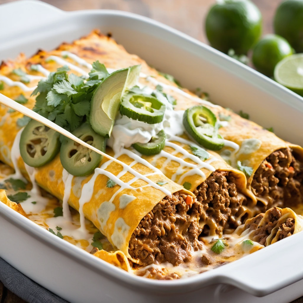 Baked casserole with layers of beef, cheese, and tortillas, covered in a golden bubbly sauce.