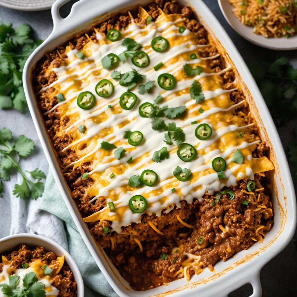 golden brown casserole in a baking dish with melted cheese on top and a sprinkle of green onions