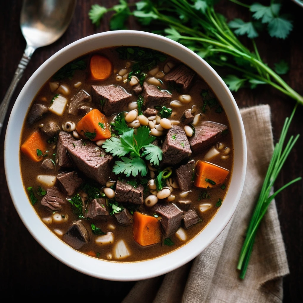A steaming bowl of thick, dark brown soup with chunks of beef and barley, garnished with fresh parsley.
