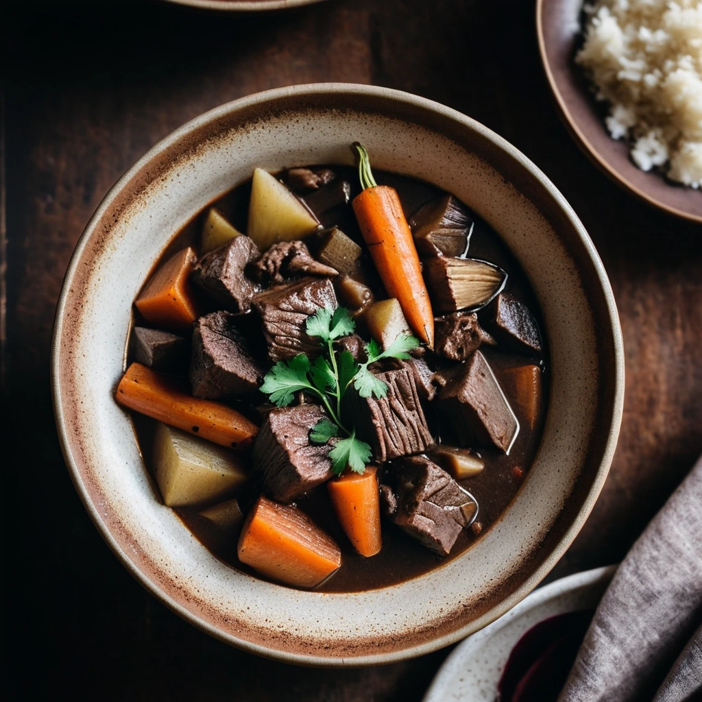 Steaming bowl of stew with dark brown gravy, chunks of beef, and colorful root vegetables.