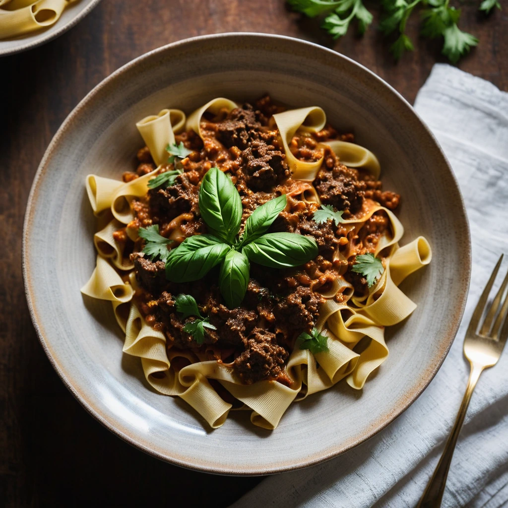 Steaming bowl of brown bolognese sauce over golden pappardelle, garnished with fresh parsley.