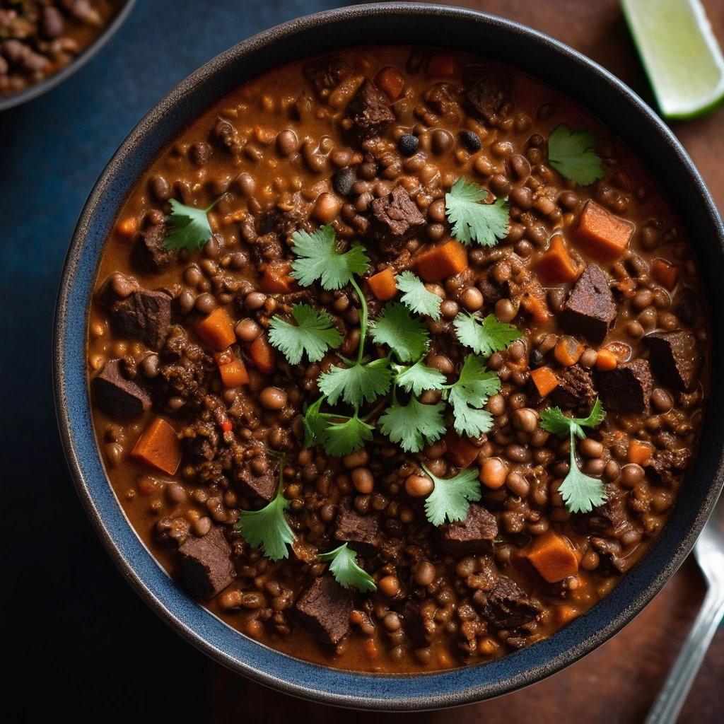 Steaming bowl of chili with beef and lentils, topped with fresh cilantro