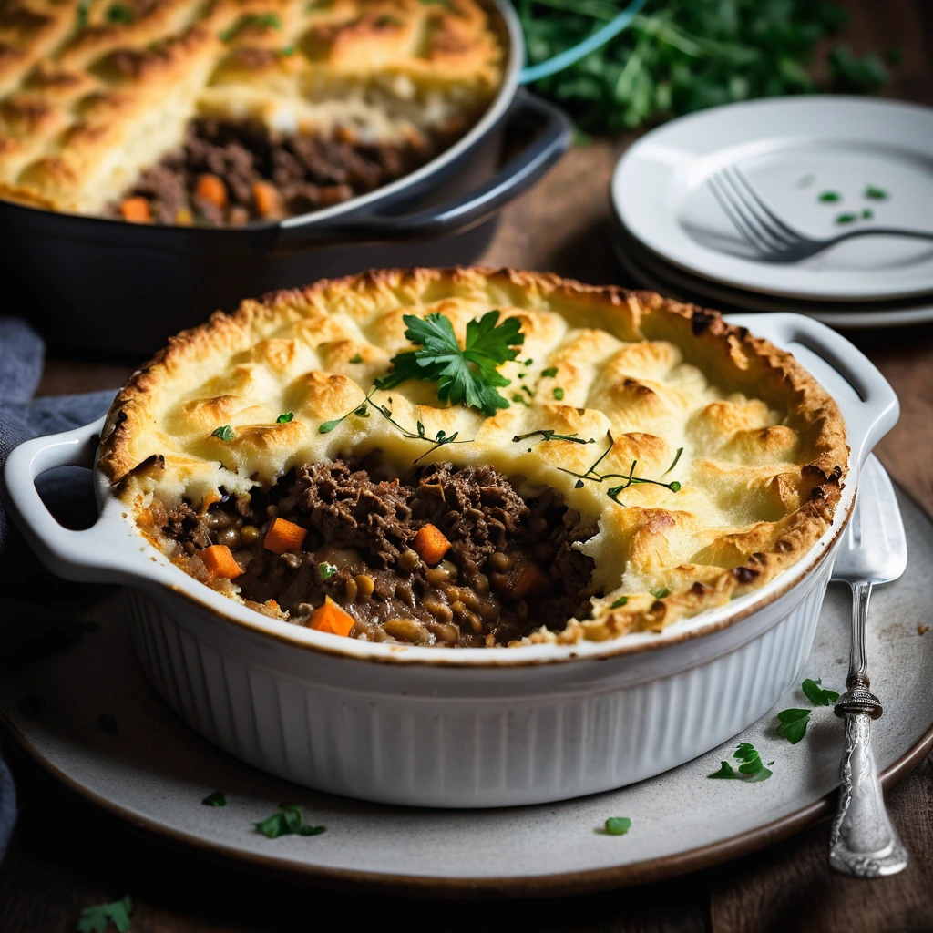 golden-brown cottage pie with a layer of creamy mashed potatoes sprinkled with melted cheddar, served in a rustic oven dish
