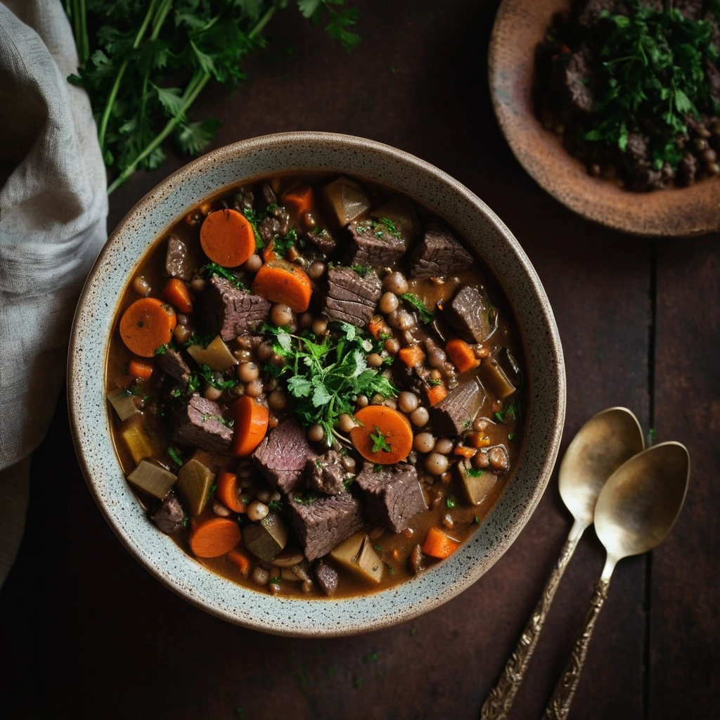 Steaming bowl of stew with chunks of beef, lentils, and assorted vegetables in a deep brown broth, garnished with fresh parsley.