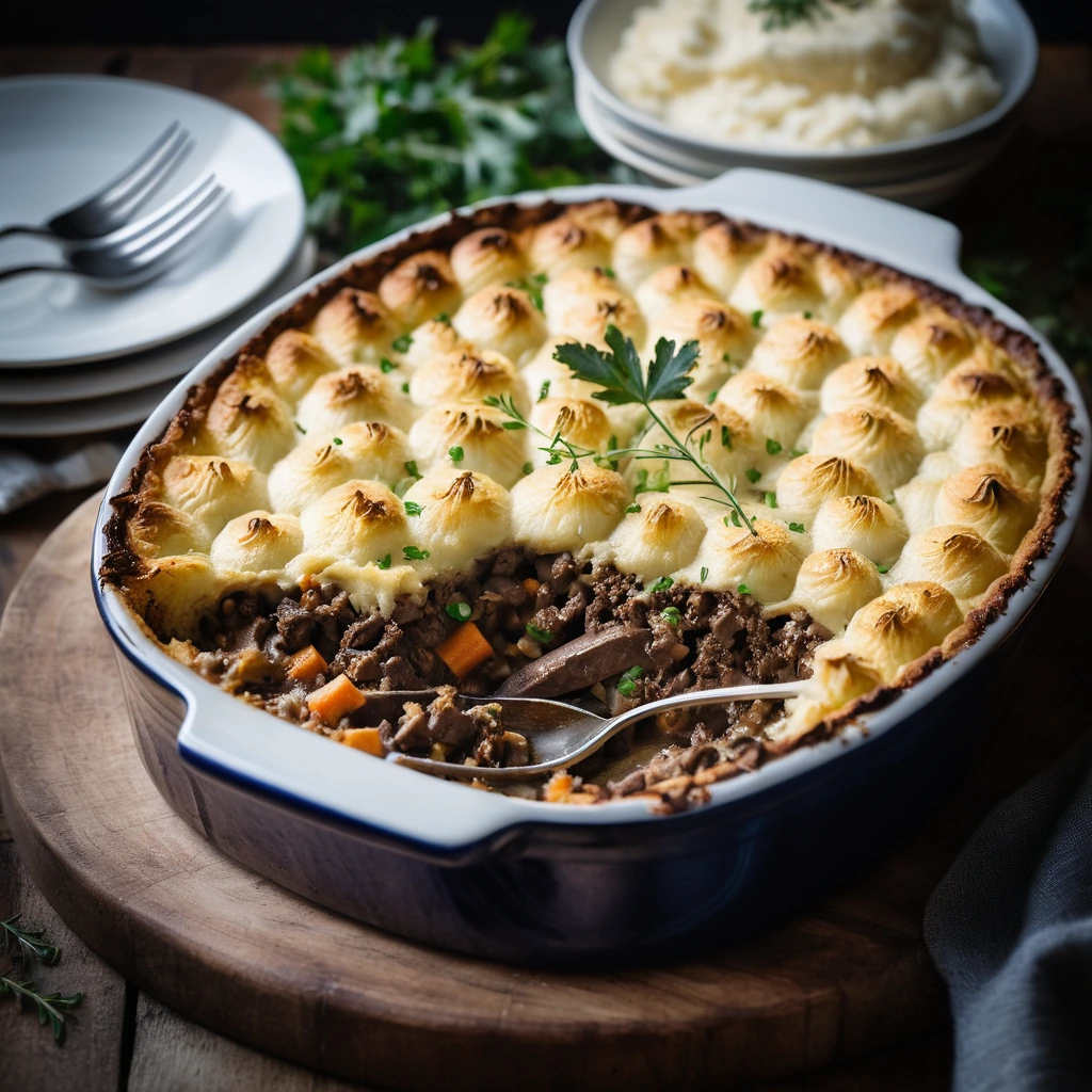 golden-brown cottage pie with fluffy cheddar mashed potato topping in a rustic oven dish