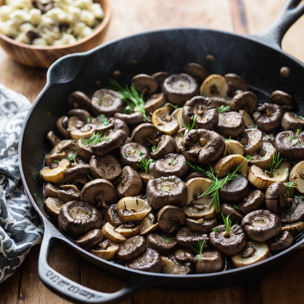 golden-brown beef cubes and sautéed mushrooms in a glossy garlic butter sauce in a skillet