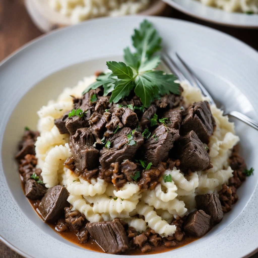 Generous serving of creamy mashed potatoes topped with a hearty beef and mushroom ragu, garnished with fresh parsley.