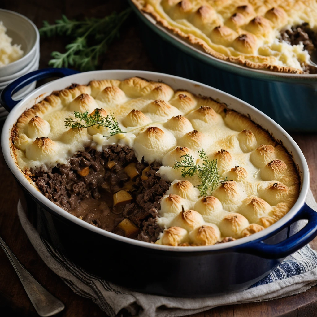 Golden brown shepherd's pie in a rustic dish, topped with bubbly cheddar mashed potatoes.