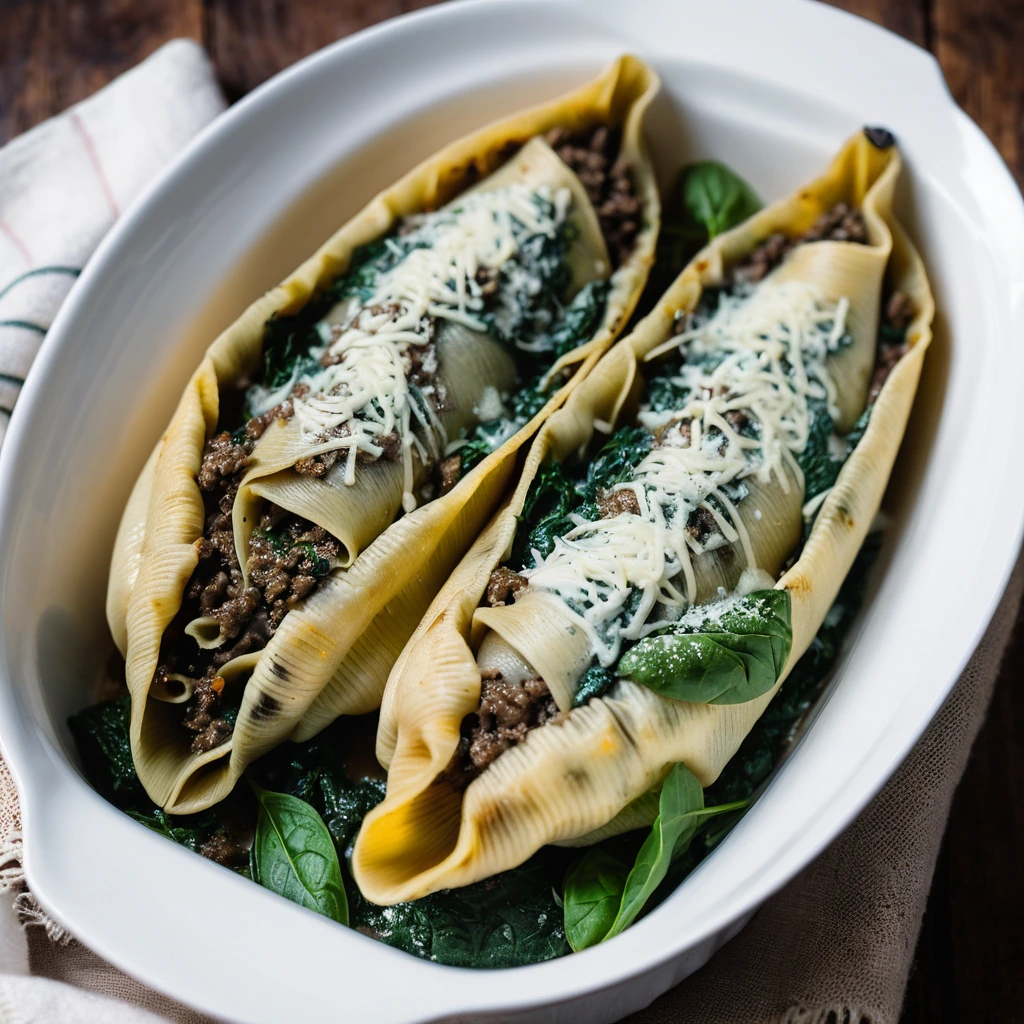 Baked jumbo pasta shells filled with beef and spinach, topped with melted cheese in a baking dish.