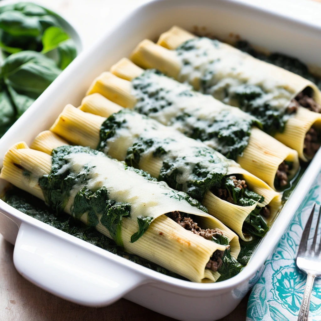 Golden manicotti shells stuffed with beef and spinach, smothered in melted cheese, arranged on a baking dish.