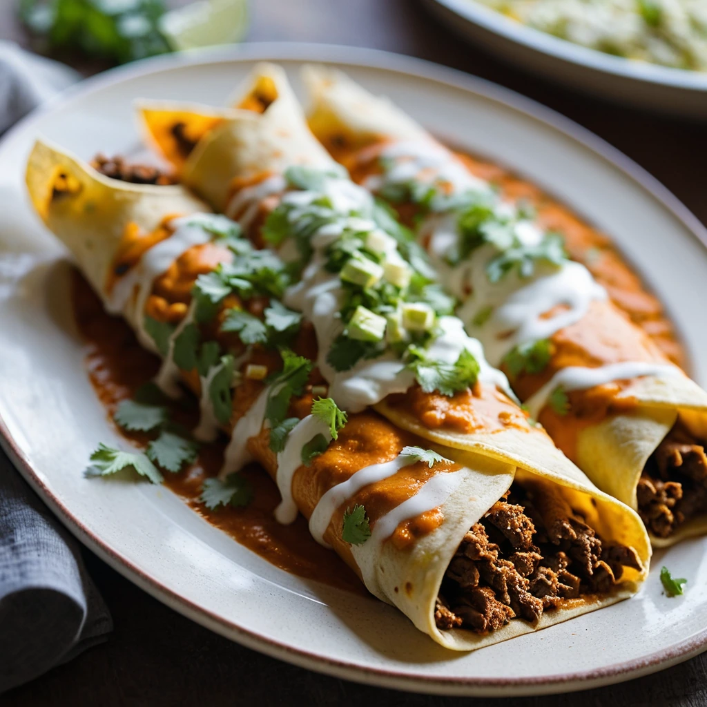 Golden enchiladas on a platter, topped with melted cheese and green onions.