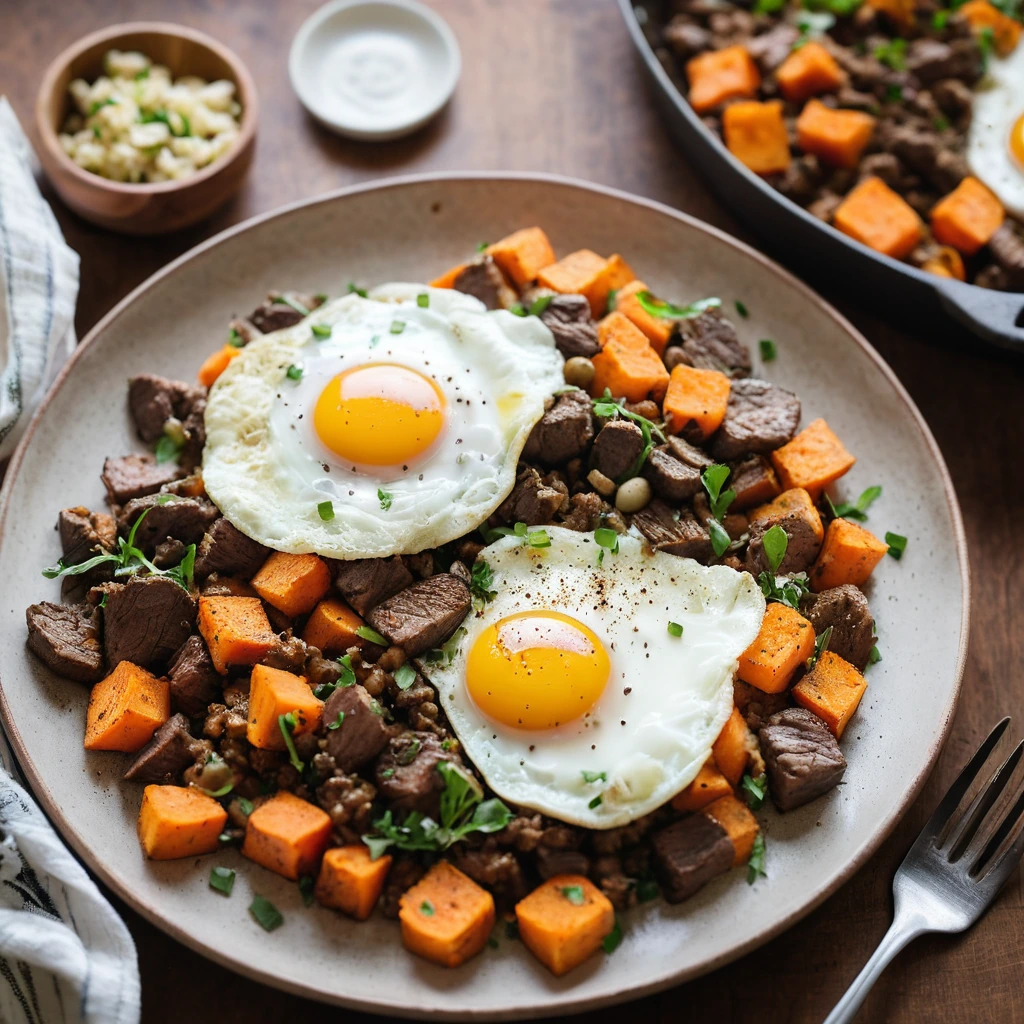 Sizzling skillet of golden brown beef and orange sweet potato hash with sunny side up eggs on top.