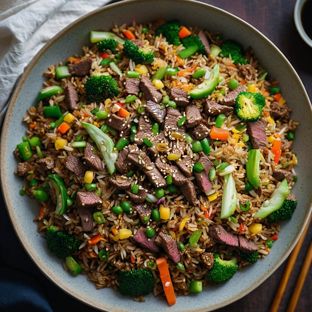 Golden fried rice in a skillet with diced beef, colorful veggies, and a drizzle of dark sesame oil.