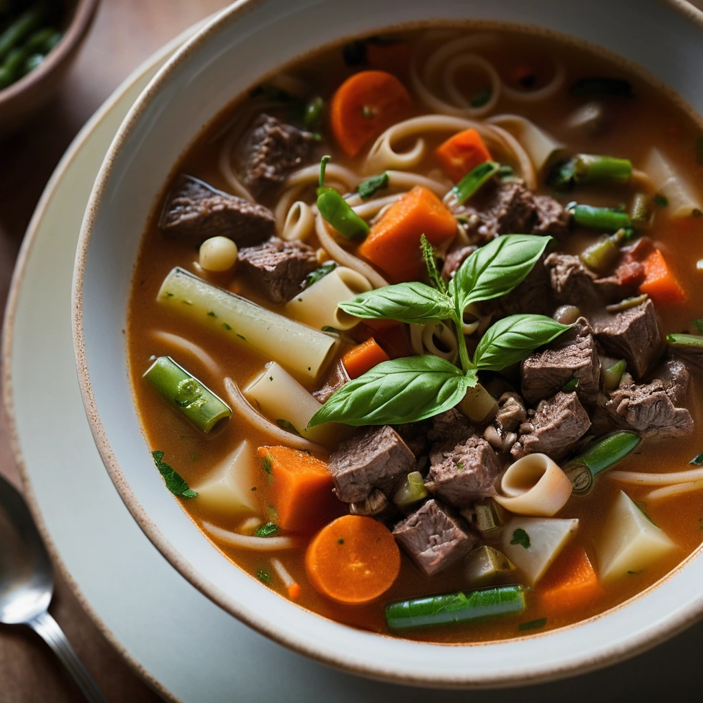 Steaming bowl of minestrone soup with chunks of beef, green beans, carrots, and pasta.